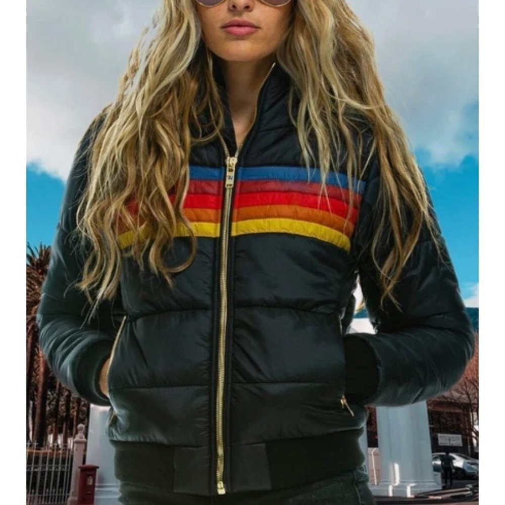 Women’s Black Puffer Jacket with Retro Rainbow Stripes